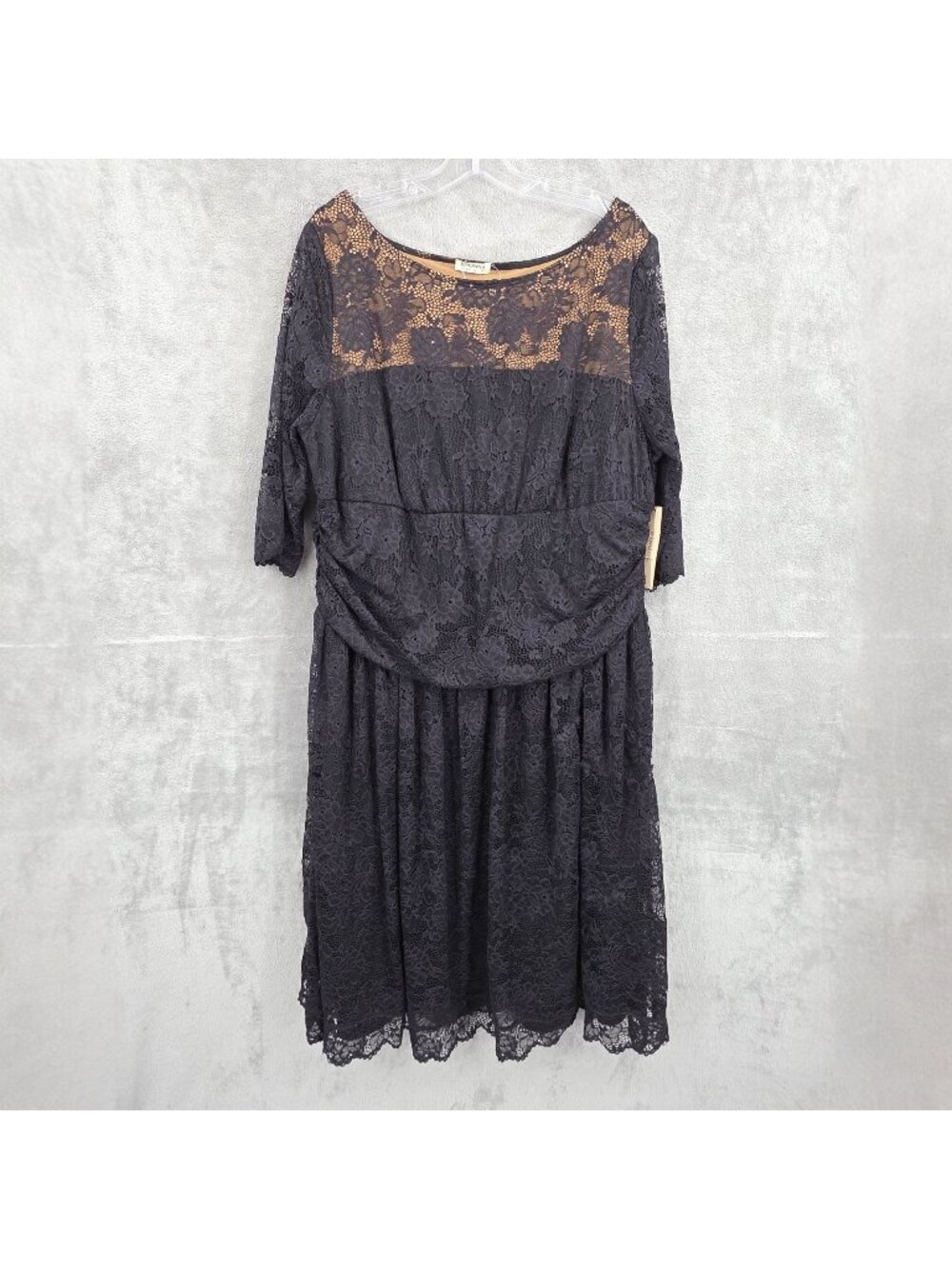 Kiyonna Luna Lace Dress 3X Onyx Black Nude Illusion Ruched USA Made New DEFECT